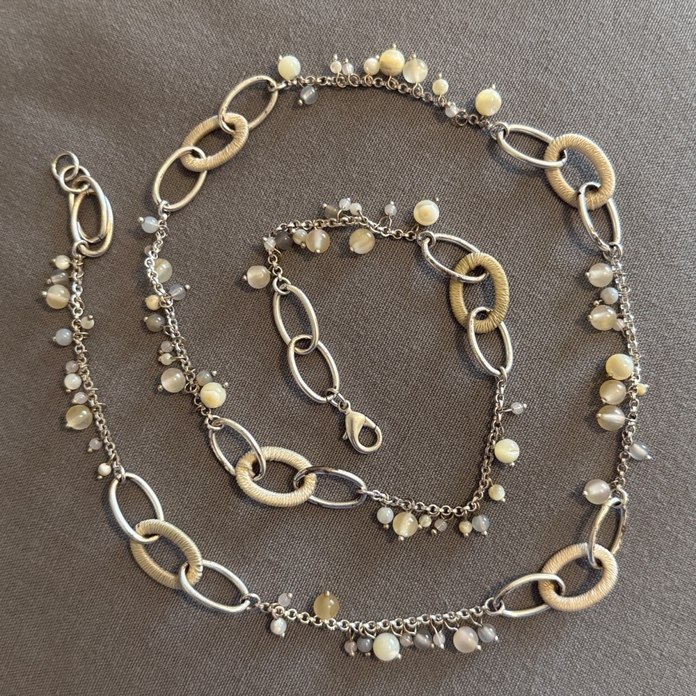 32” end to end mixed media necklace w/clasp, neutral and silver tone metal,beads